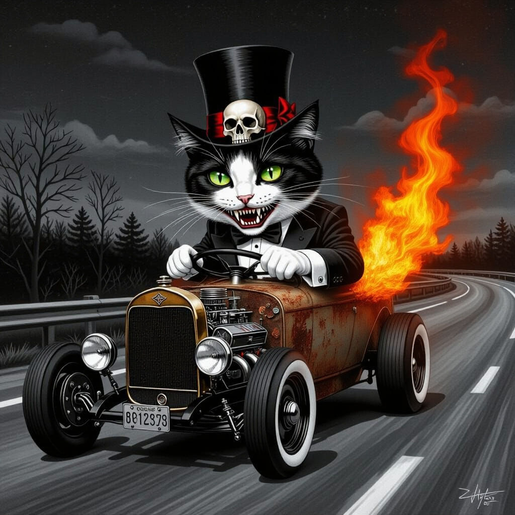 Horror Vampire Cat Drives Rat Rod