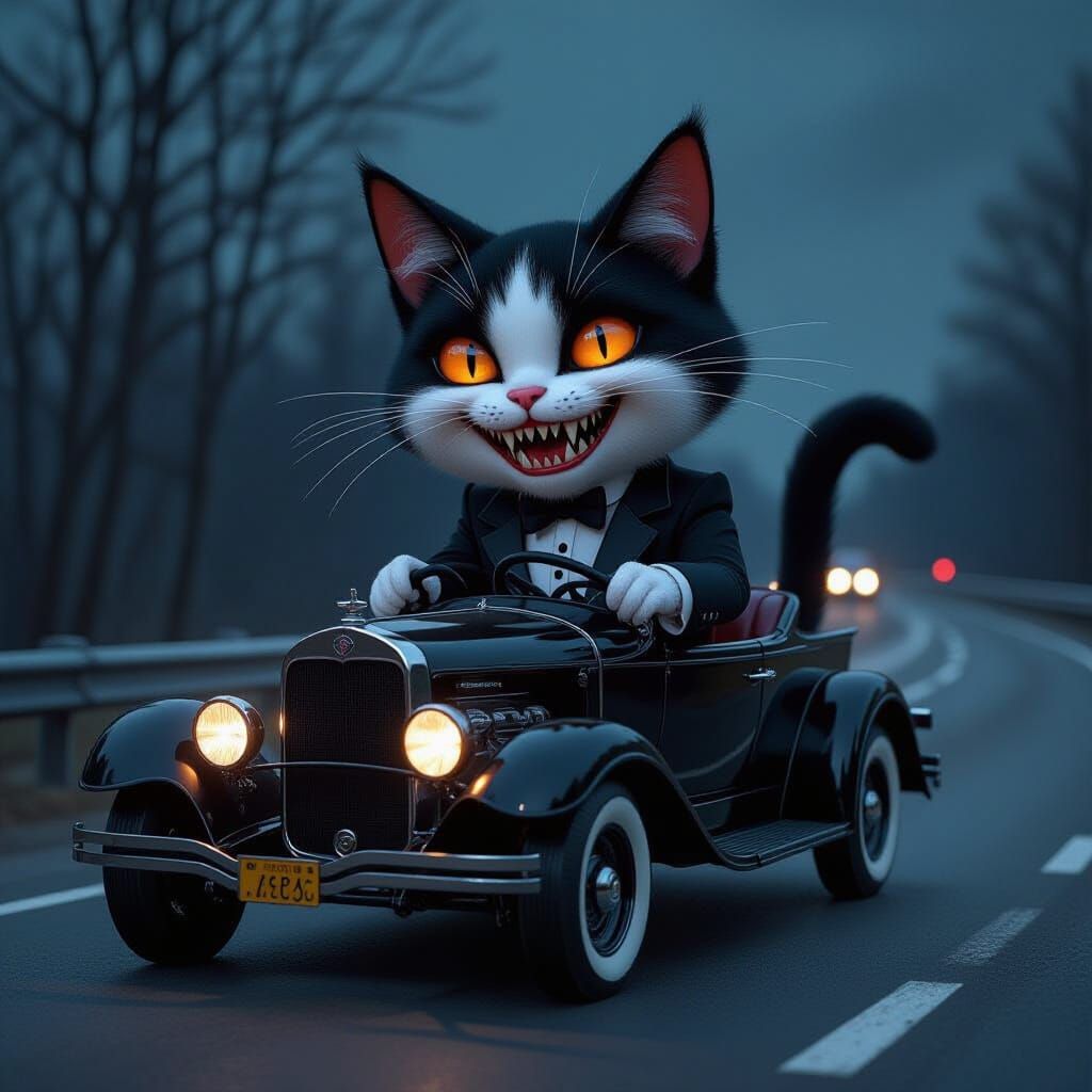 Vampire Cat Drives Rat Rod on Dark Highway