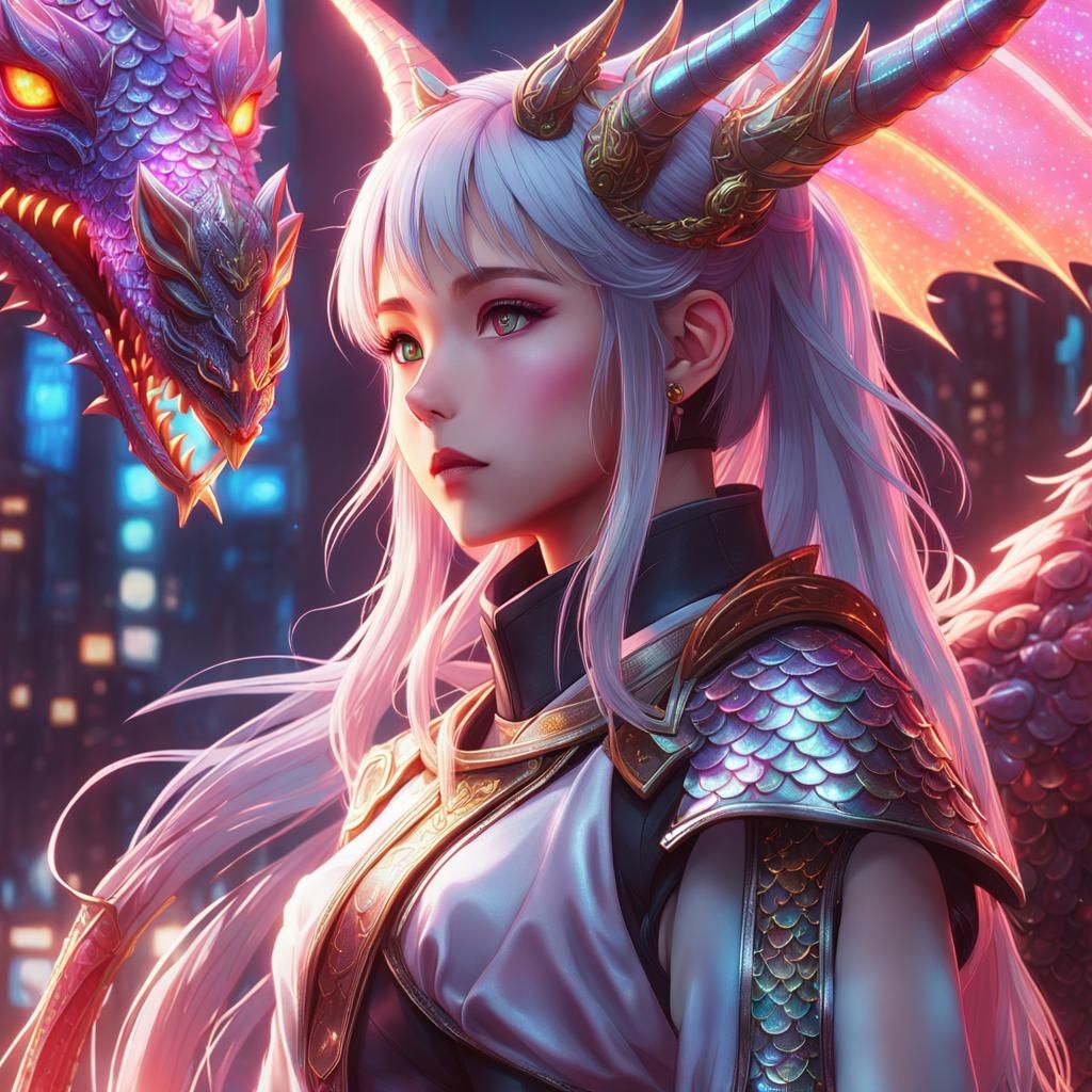 Cyberpunk Anime Dragon Girl in Shimmering Neon Light