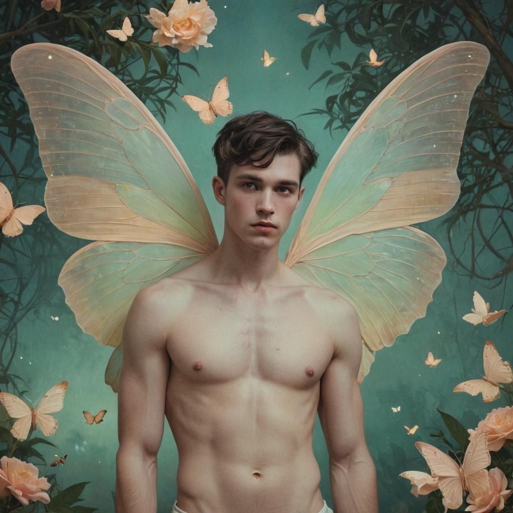 Moth-Winged Man in Pastel Night Garden