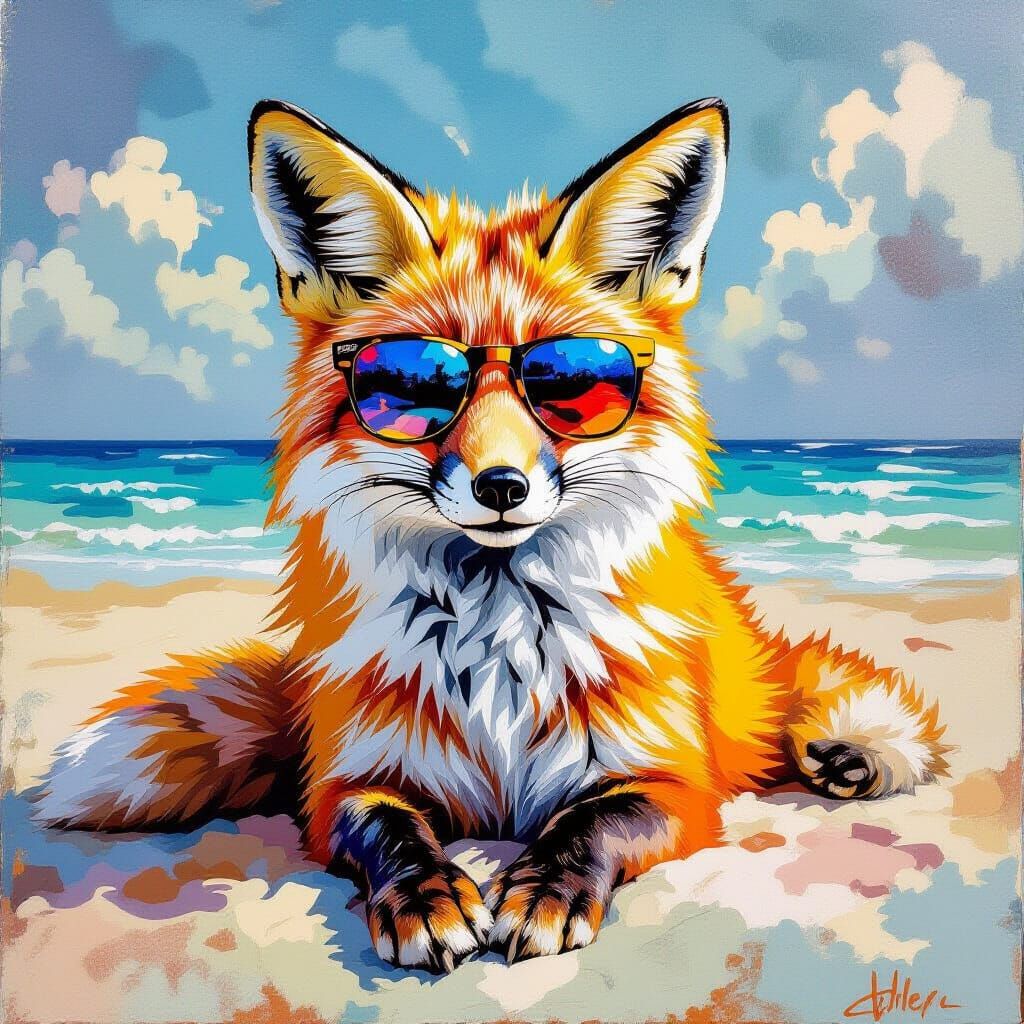 Surreal Fox Relaxing on Beach in Watercolour Style
