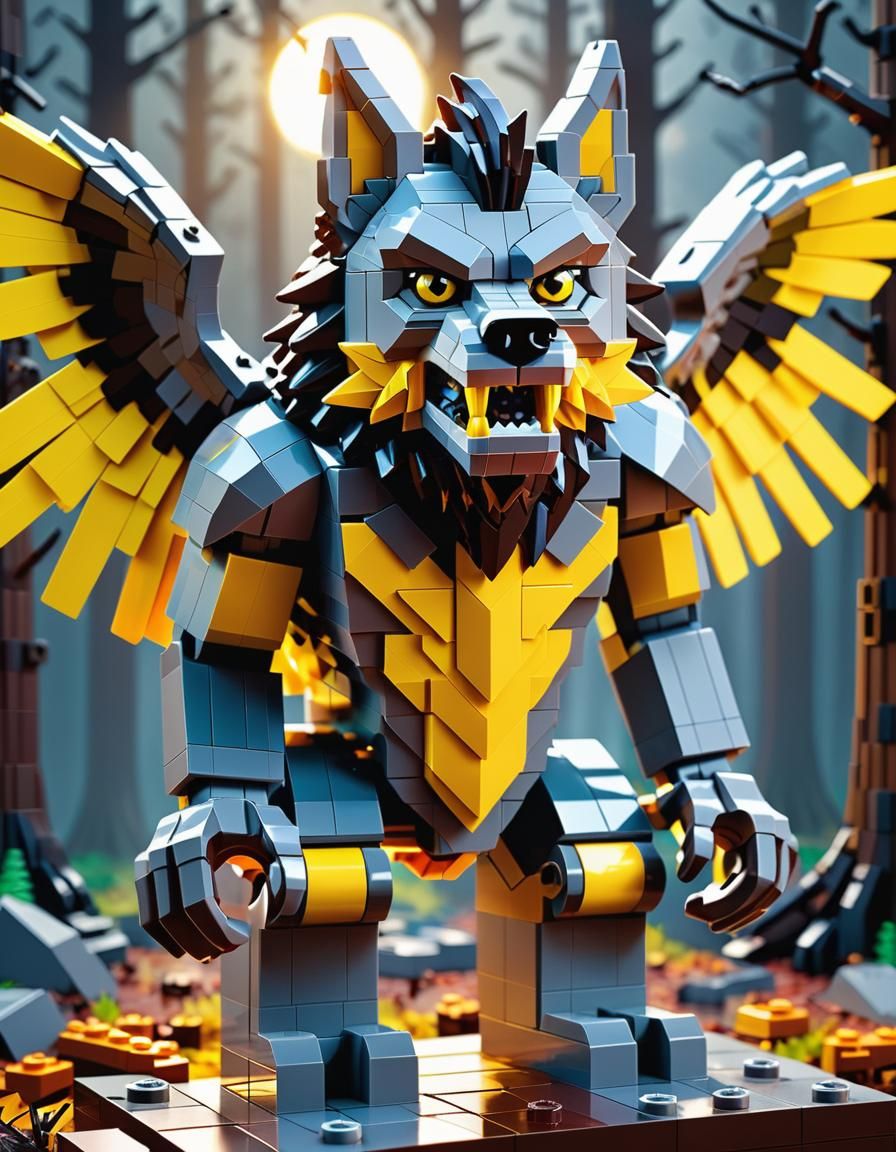 Lego Winged Werewolf in Vibrant Pixel Art