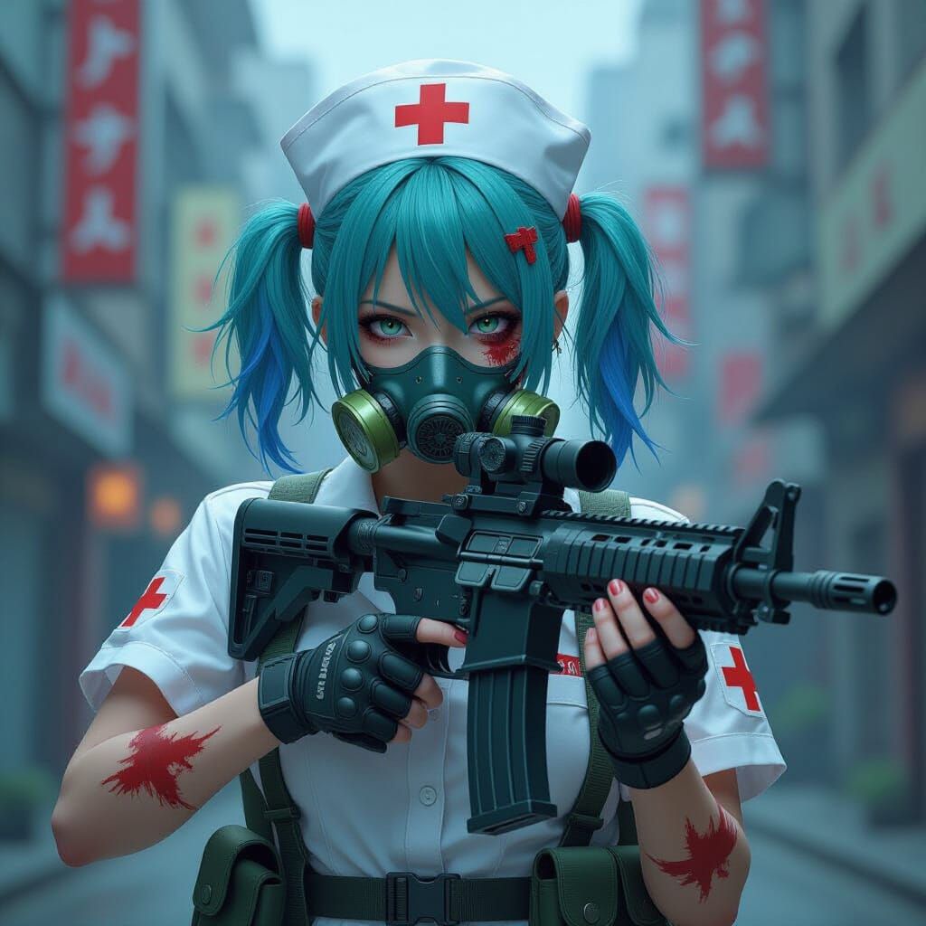 Anime Zombie Nurse with Machine Gun in Urban Fantasy Art