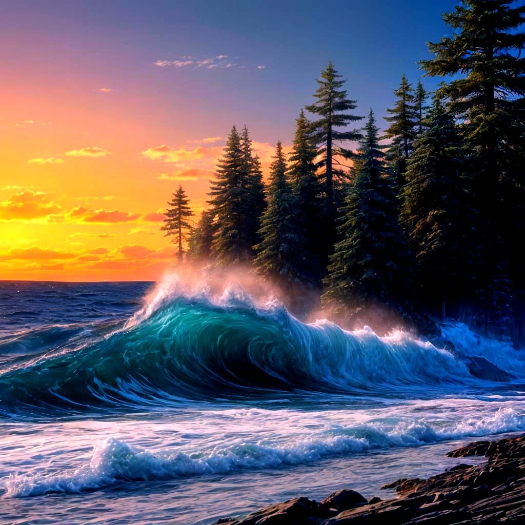 Sunset Shoreline with Blue Spruce Trees: Detailed Matte Pain...