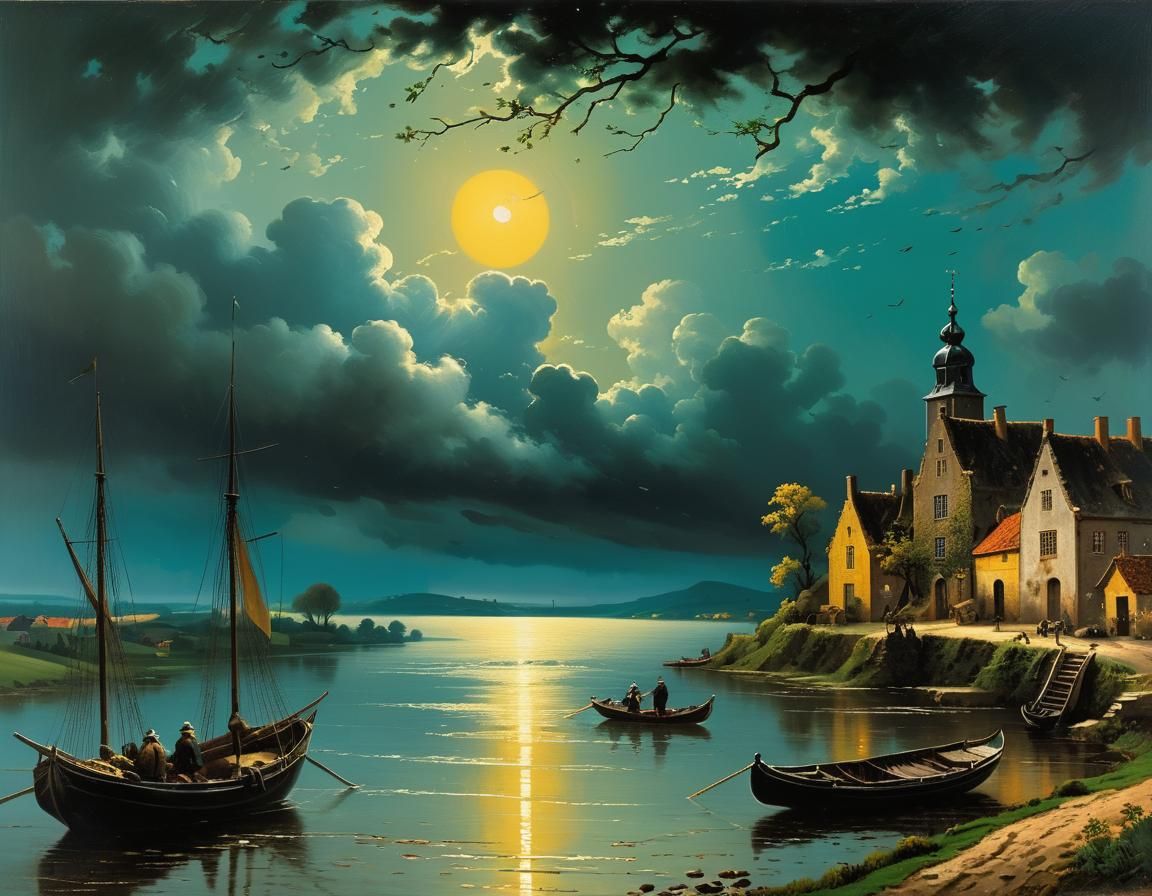 Serene Dutch Village Before a Turbulent Stormy Sky