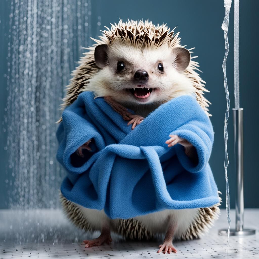 Hedgehog in Blue Robe Sings in Shower