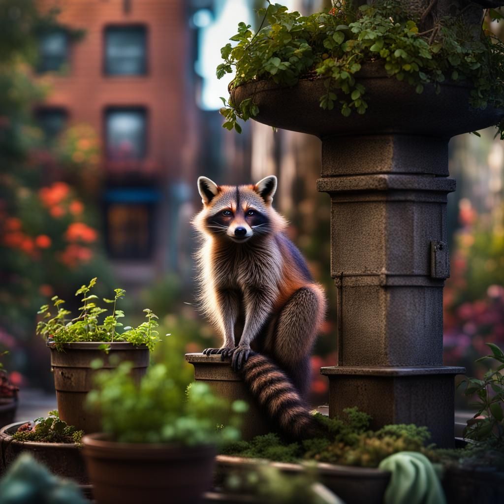 Raccoons and Foxes in Magical Urban Garden
