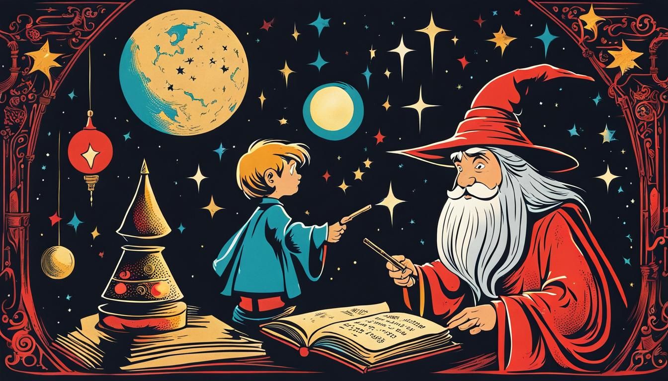 Whimsical Wizard Teaches Apprentice: Cartoon Ink Poster