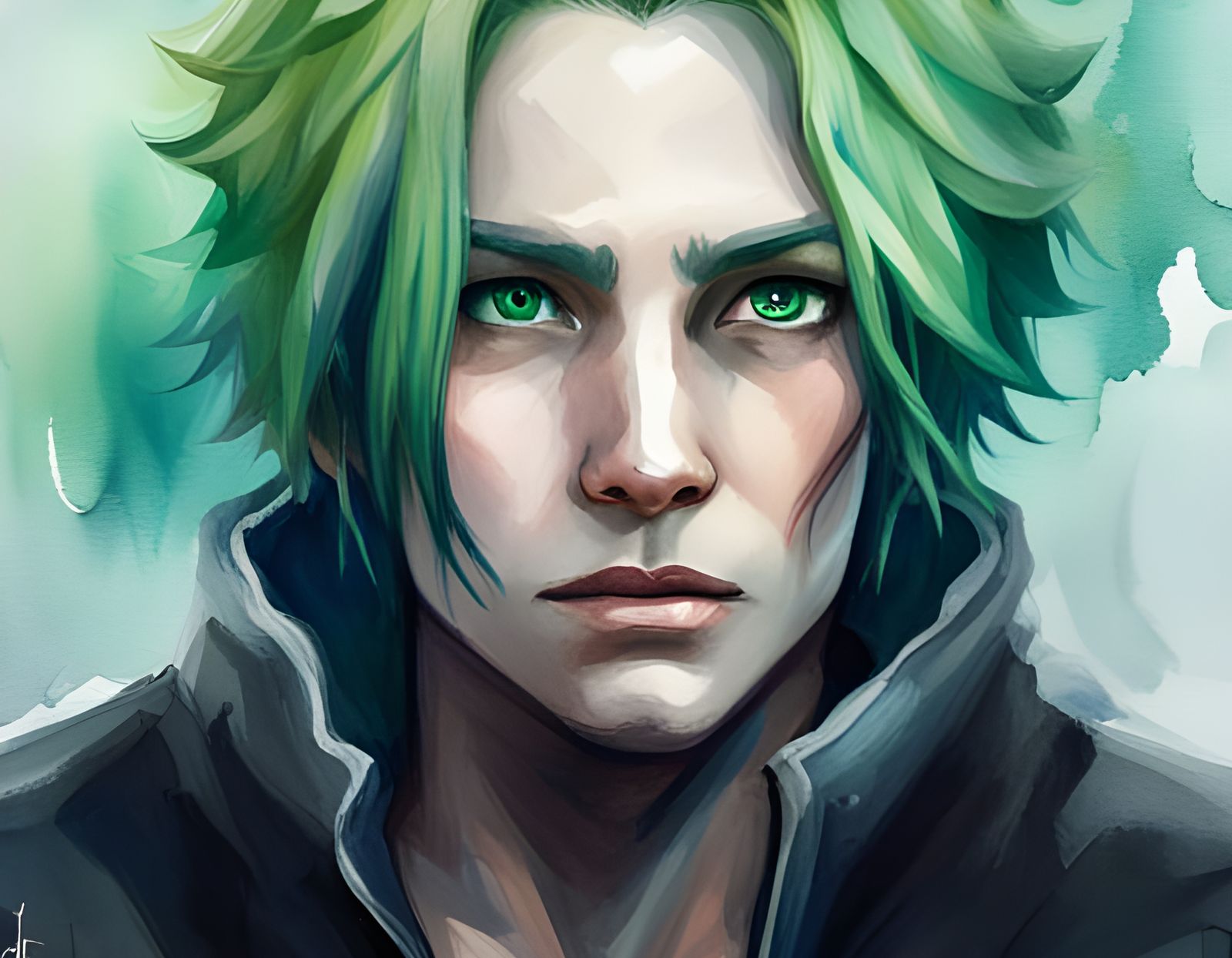 Energetic Green-Haired Character Portrait in Watercolor