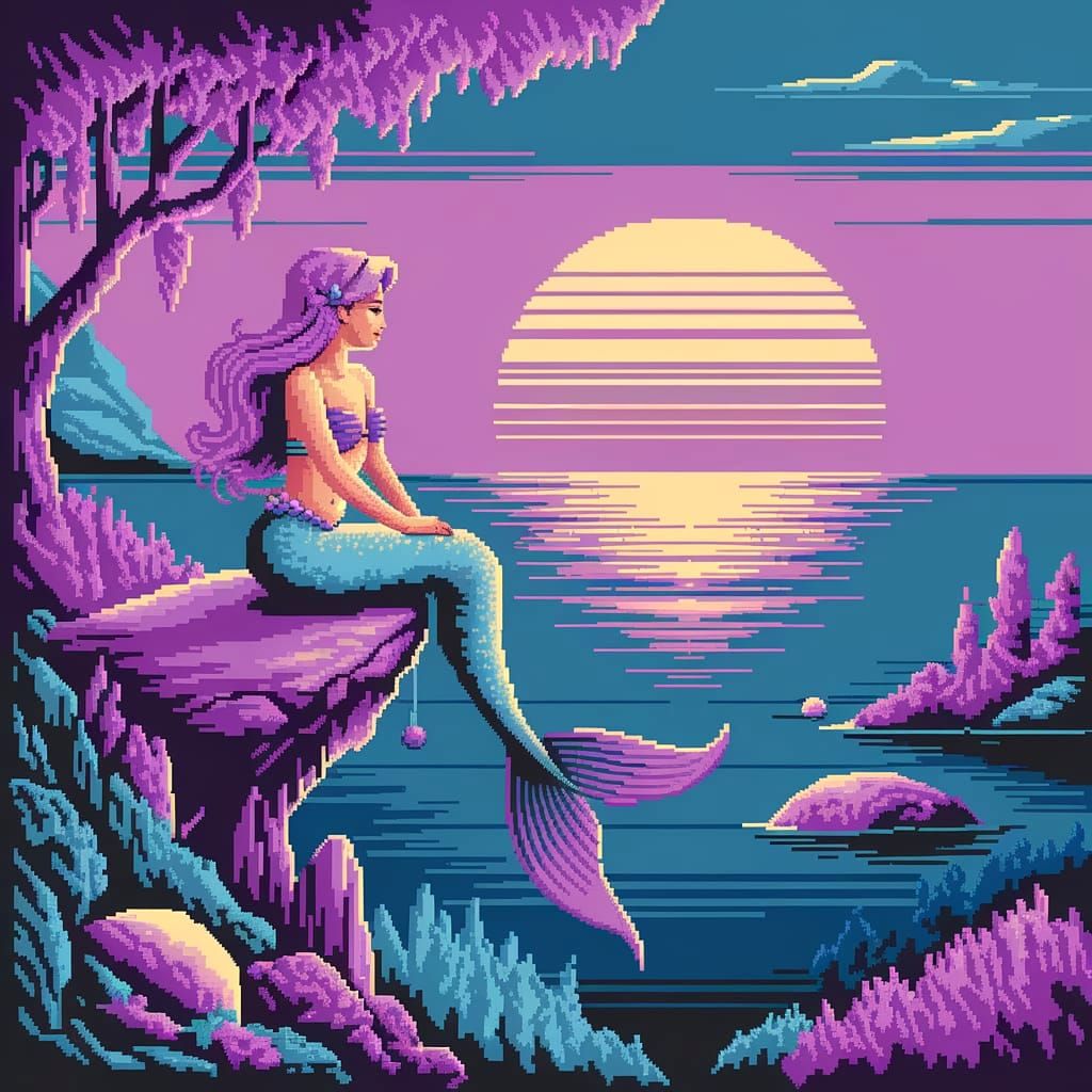 Enchanting Pixel Mermaid Scene at Sunset