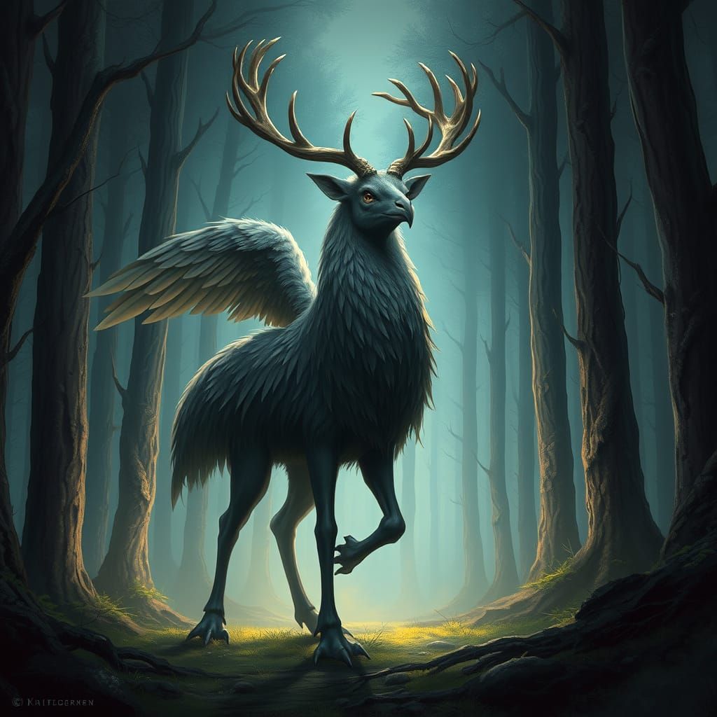 Majestic Peryton in Enchanted Forest, Inspired by Fantasy Ar...