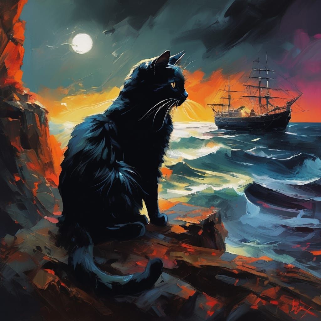 Black Cat Watches Ghost Ship in Stormy Sea