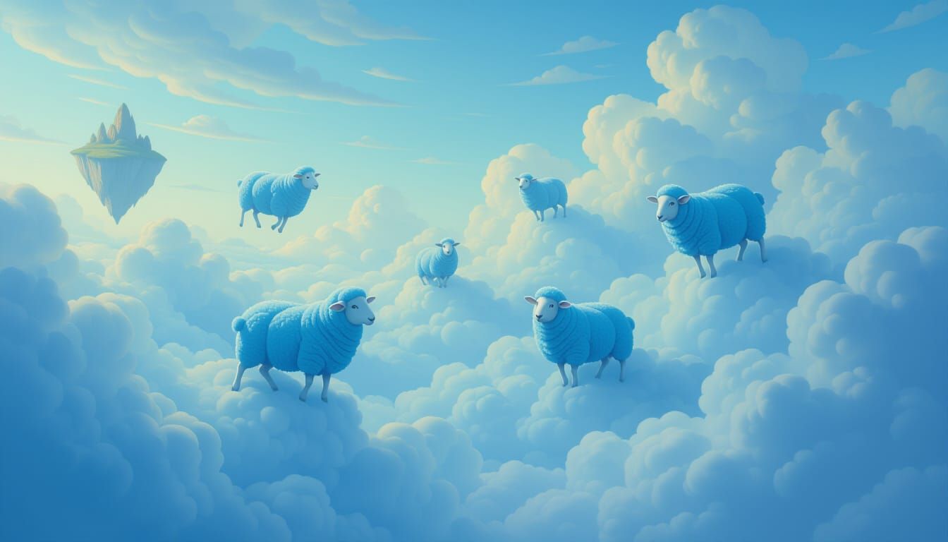 Dreamy Blue Sheep Leap Through Surreal Clouds