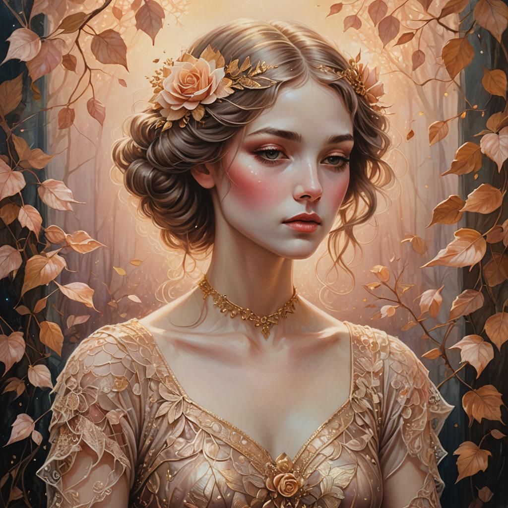 Ethereal Mythical Lady in Rose and Gold: Art Deco Oil