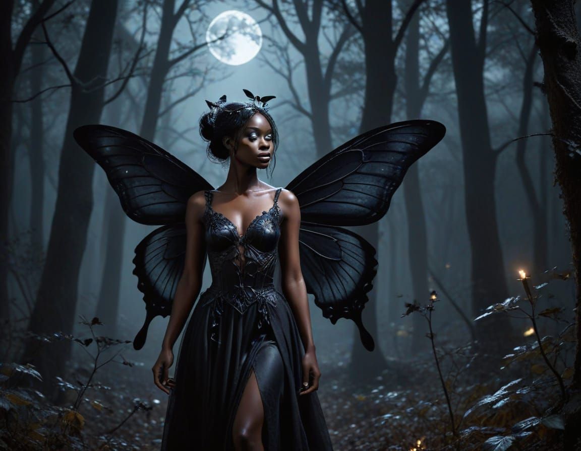 Mysterious Dark Fairy in a Moonlit Forest