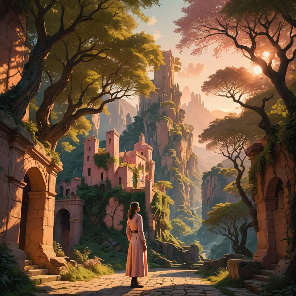 Woman Traveler in Serene Landscape: Digital Matte Painting