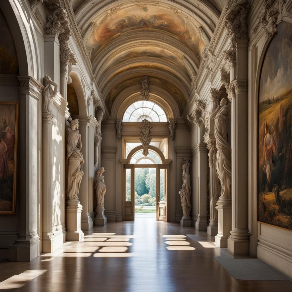 Arched Hallway of Art with Corinthian Columns