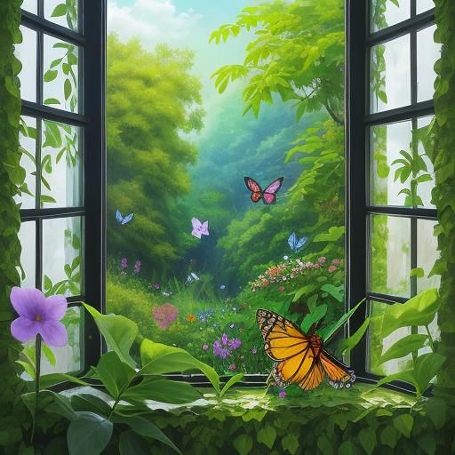 Cat Watching Butterfly on Lush Landscape