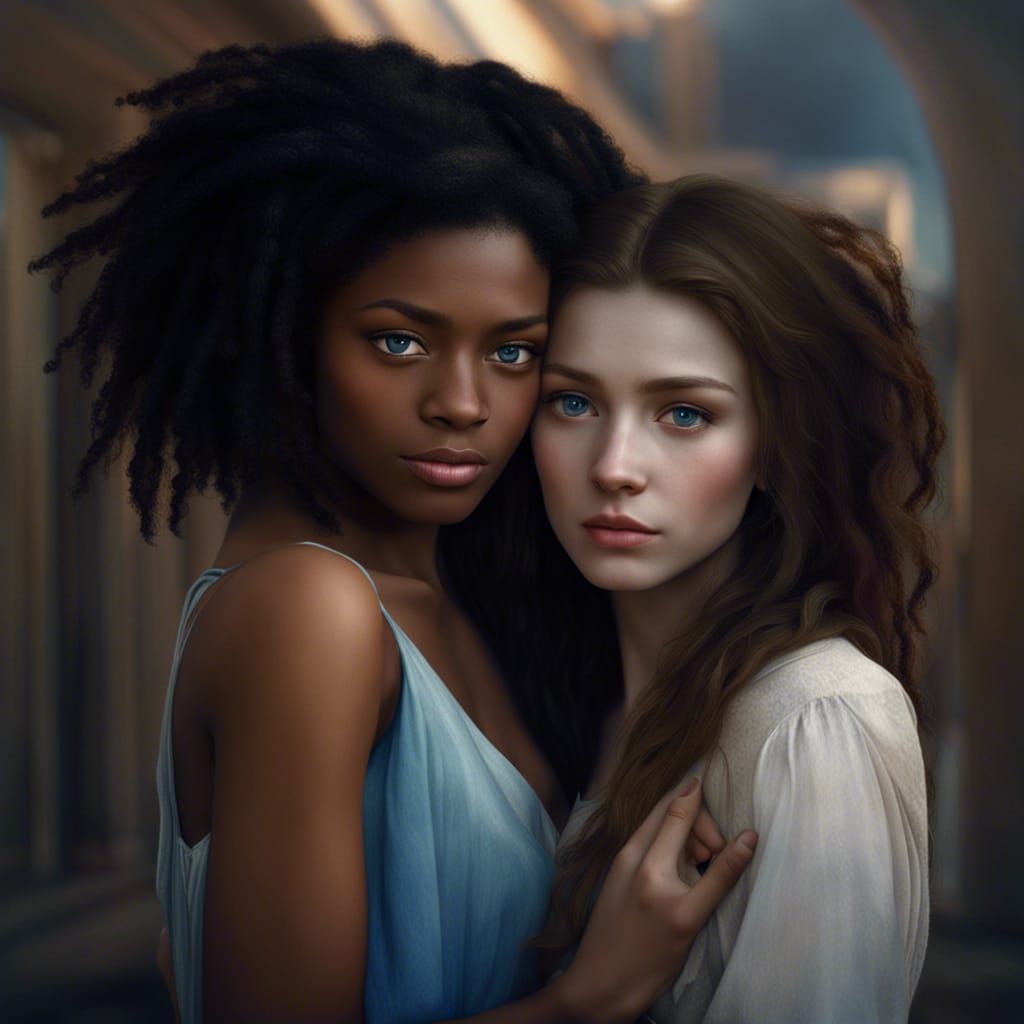 Romantic Embrace of Two Young Women: Detailed Matte Painting