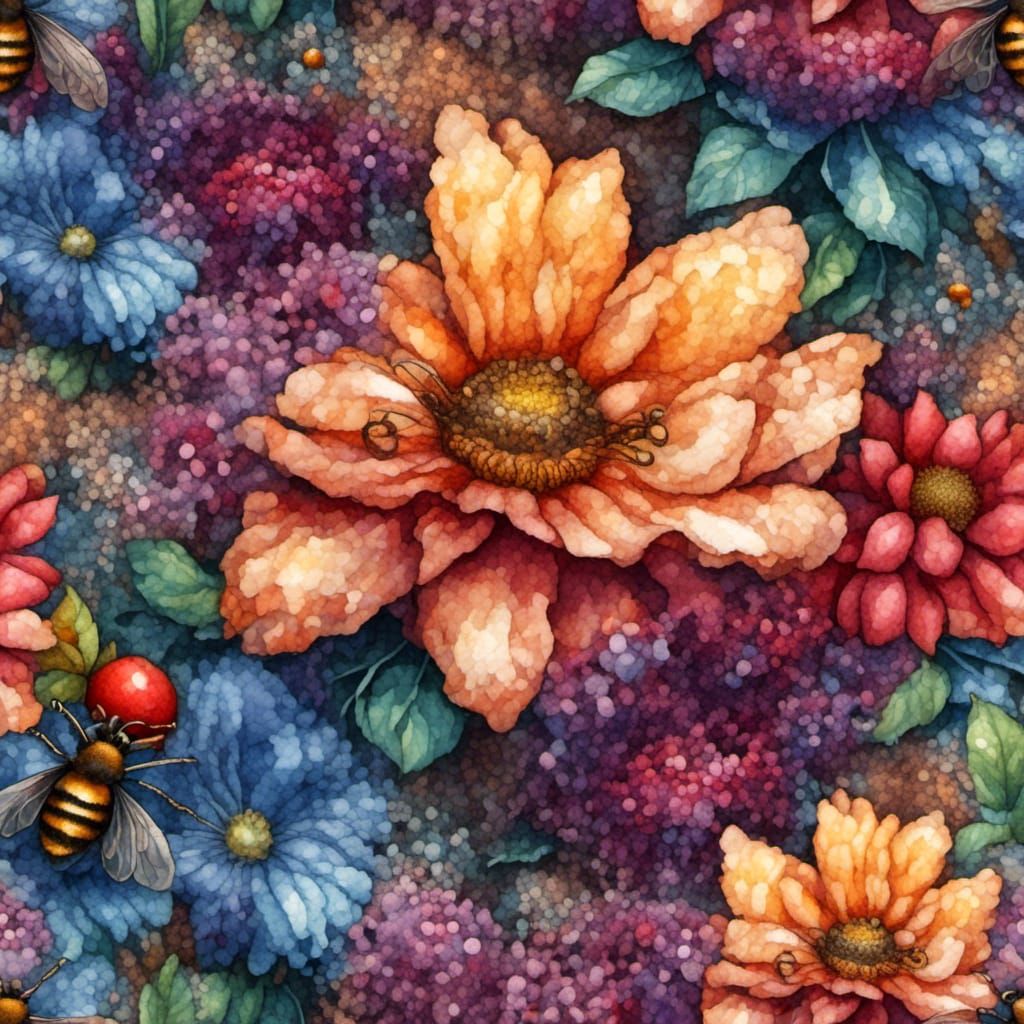 Bees Pollinating Flowers in Tapestry Style