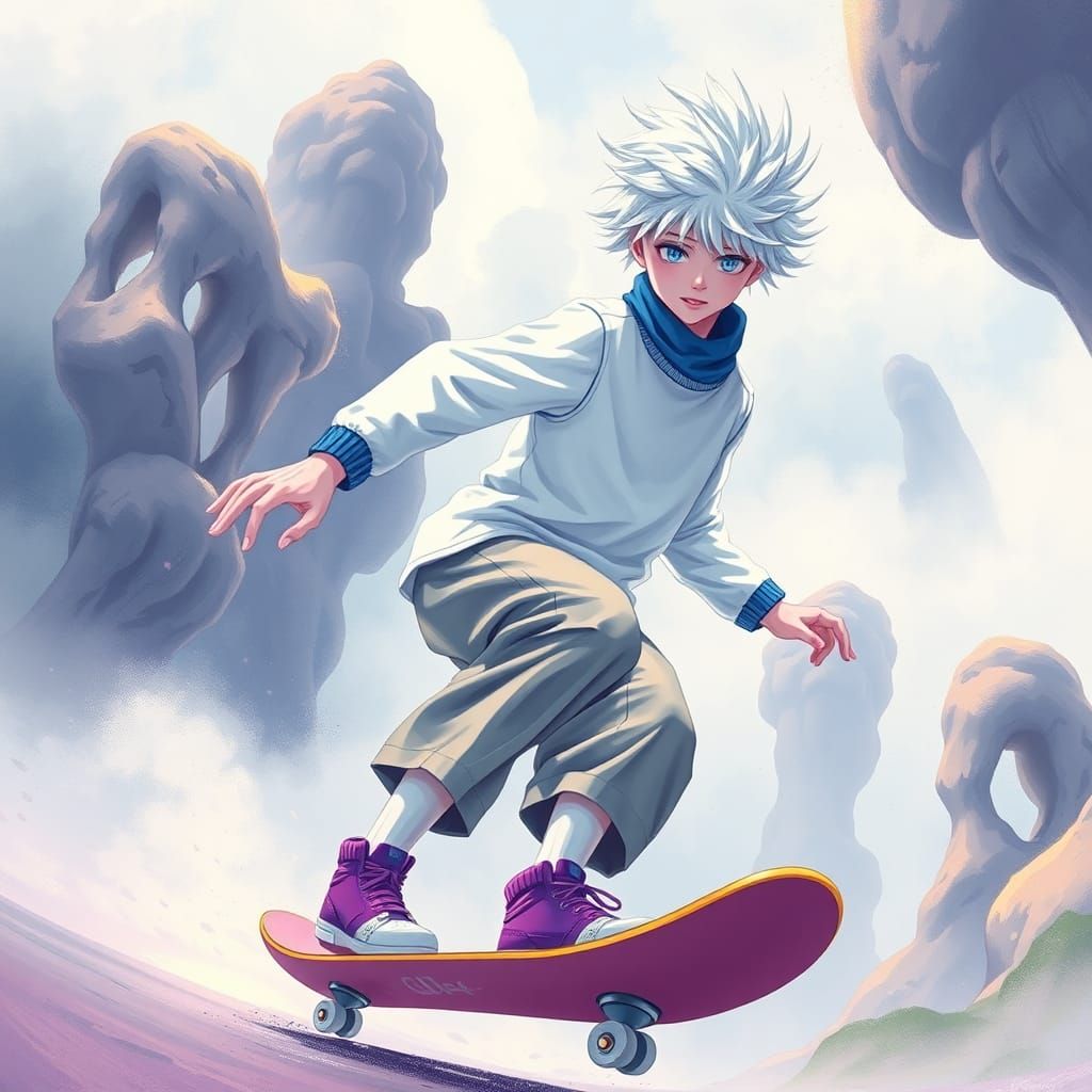 Killua Zoldyck Skateboard Art in Anime Style