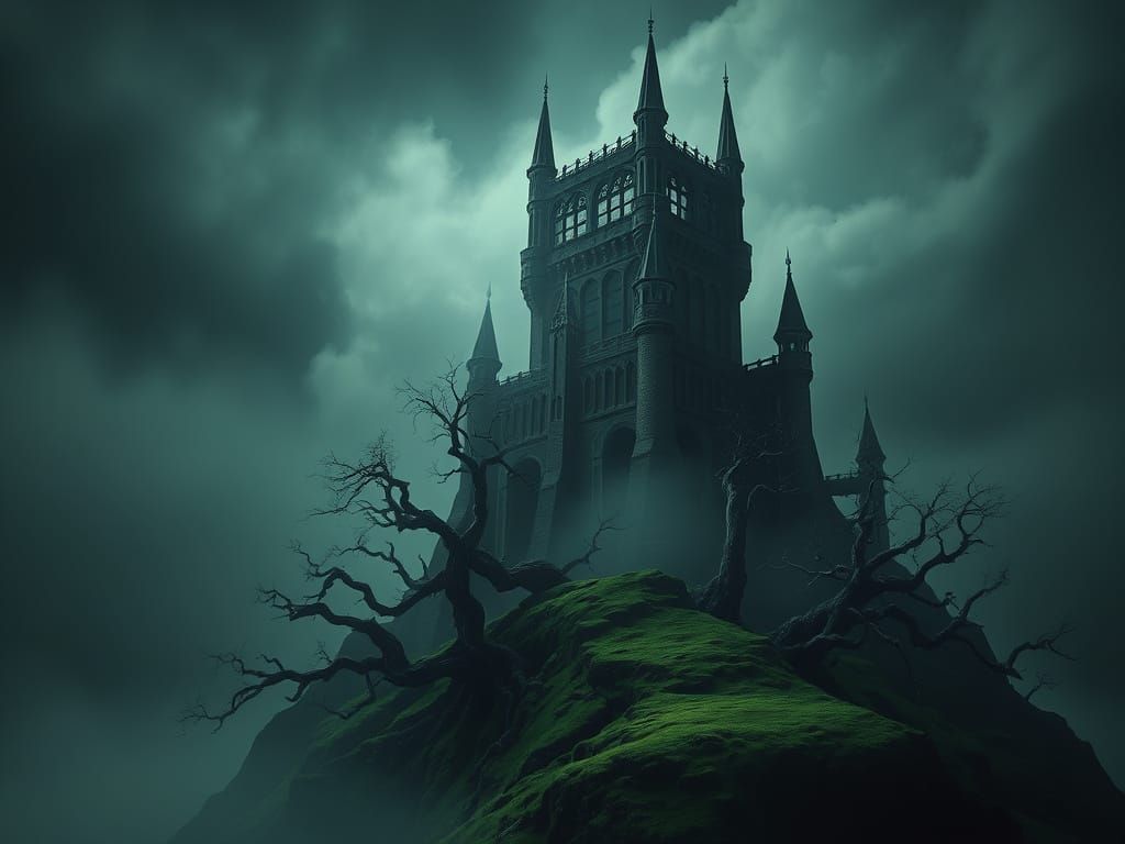 Gothic Spire of a Dark Tower Amidst Twisted Trees