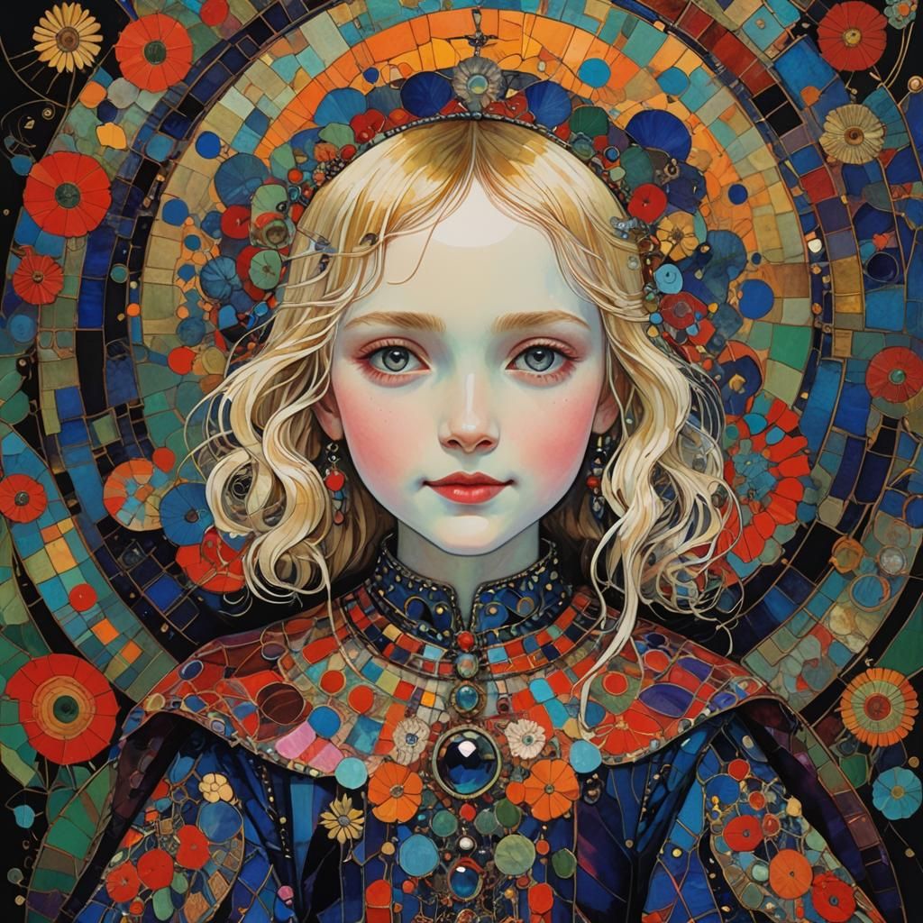 Smiling Girl in Cloisonne Style Fantasy Landscape