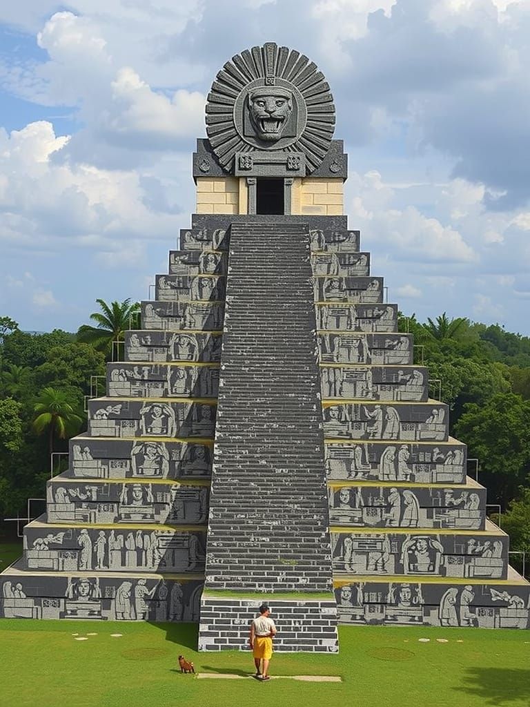 Regal Mayan King Surveys Jaguar Temple at Sunset in Geometri...