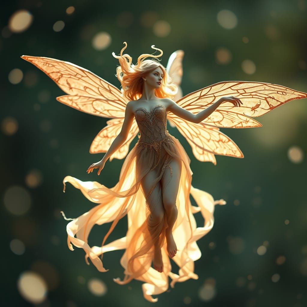 Sculptural Fairy Soaring Amidst Shimmering Magic
