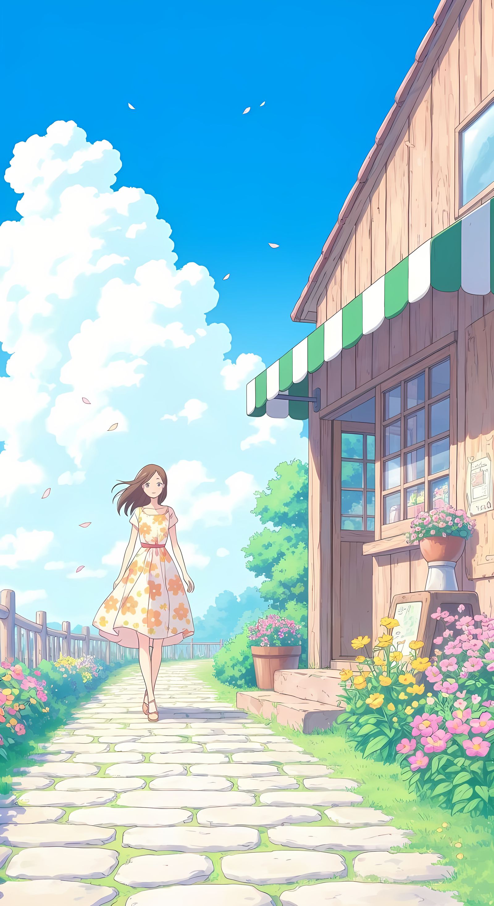 Anime Coastal Scene with Cherry Blossoms