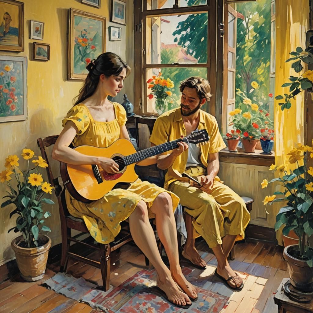 Girlfriend with Guitar in Neo-Impressionist Style