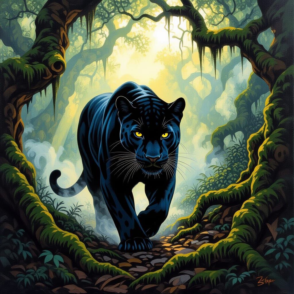 Black Panther in Ancient Forest: Impasto Acrylic Painting