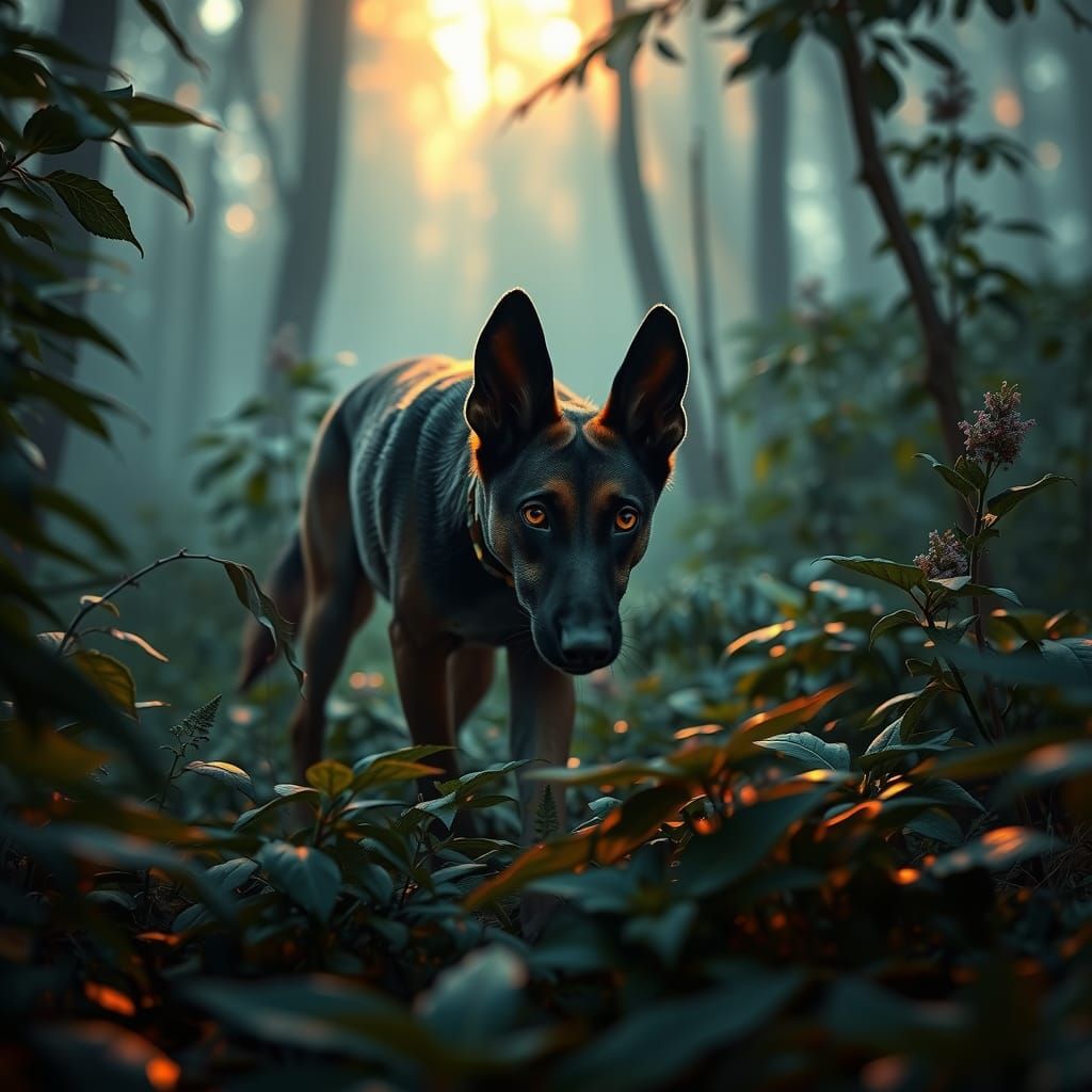 Belgian Malinois Stalks Through Misty Forest