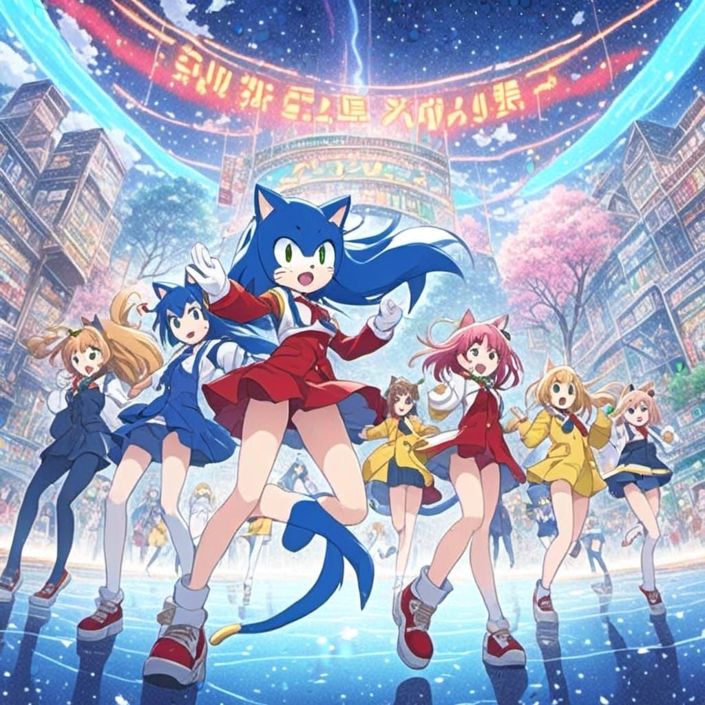 Anime Women Dancing with Sonic Cat in Ghibli Style