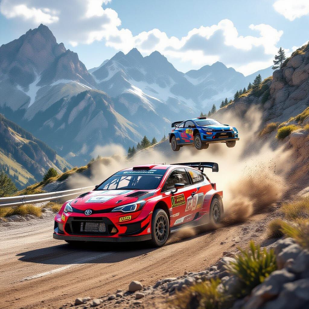 Red Rally Car Drifts Mountain Curve, Blue Car Airborne