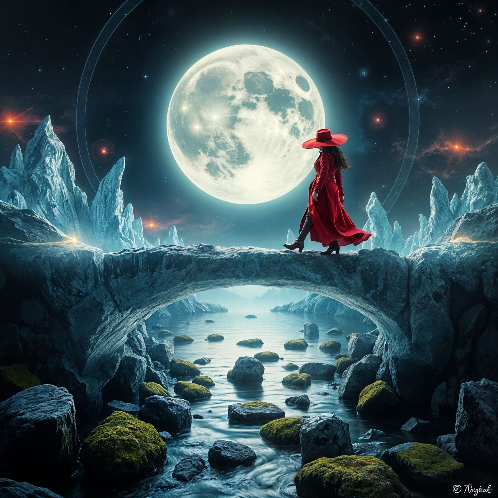 Mysterious Woman Crossing a Crystal Bridge into a Cosmic Dre...