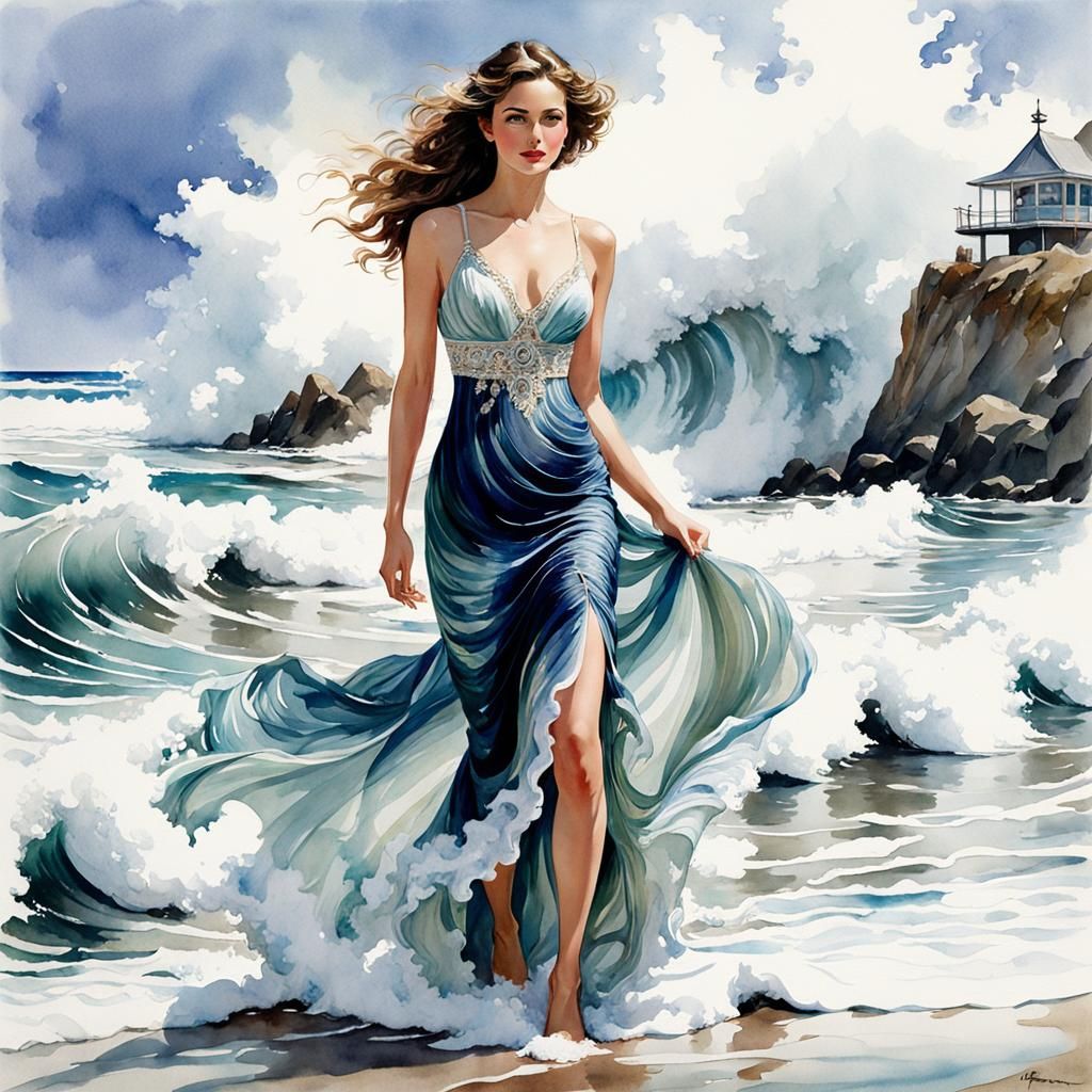 Woman in Sea Wave Dress: Watercolor Art