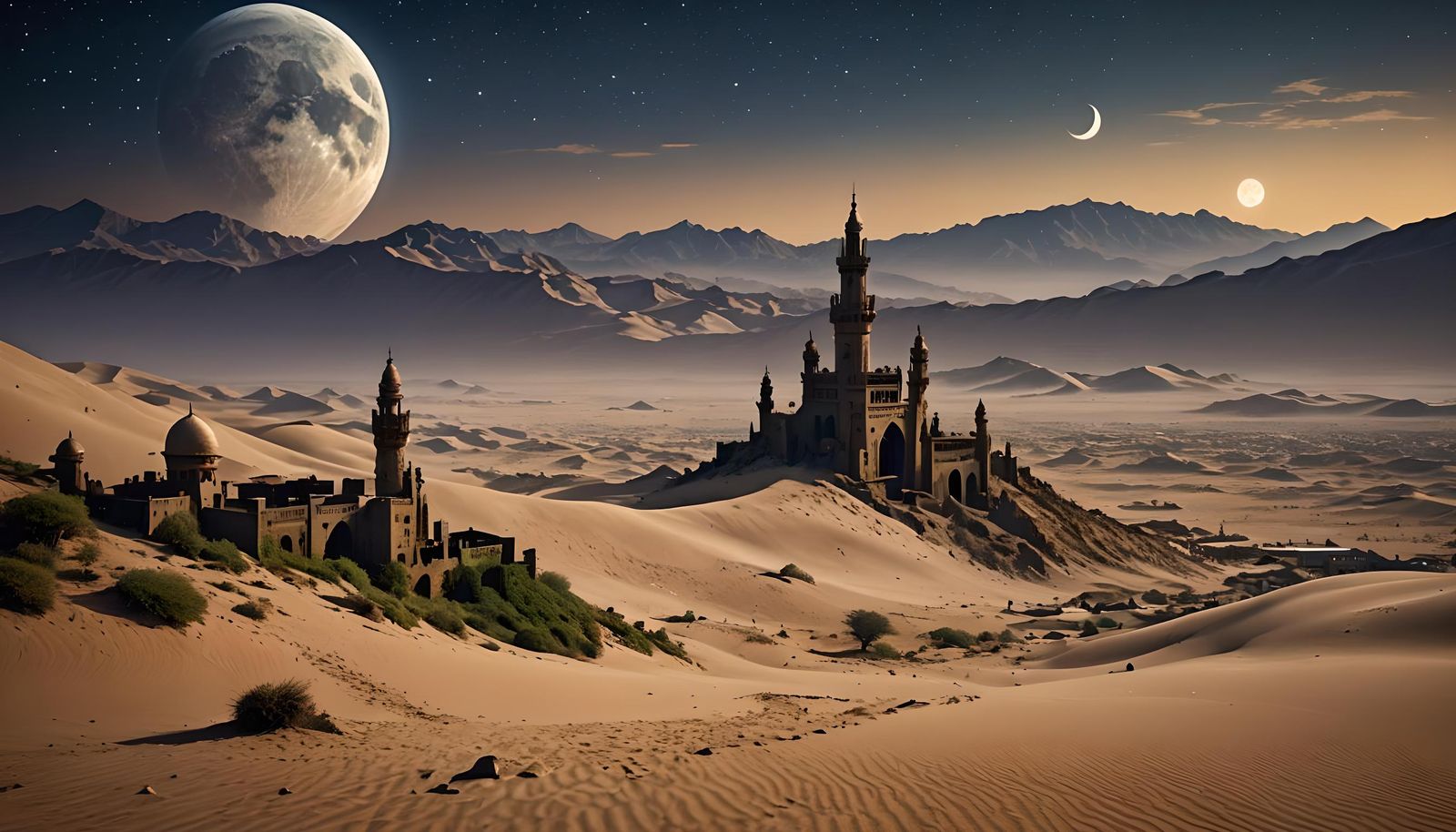 Ancient Arabic Structure with Dunes and Missile Fire