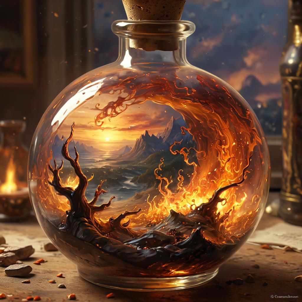 Earth on Fire in Glass Bottle, Ethereal Oil Painting
