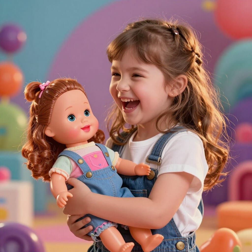 Joyful Girl Laughing With Dolly in Hyperrealistic Splash Art