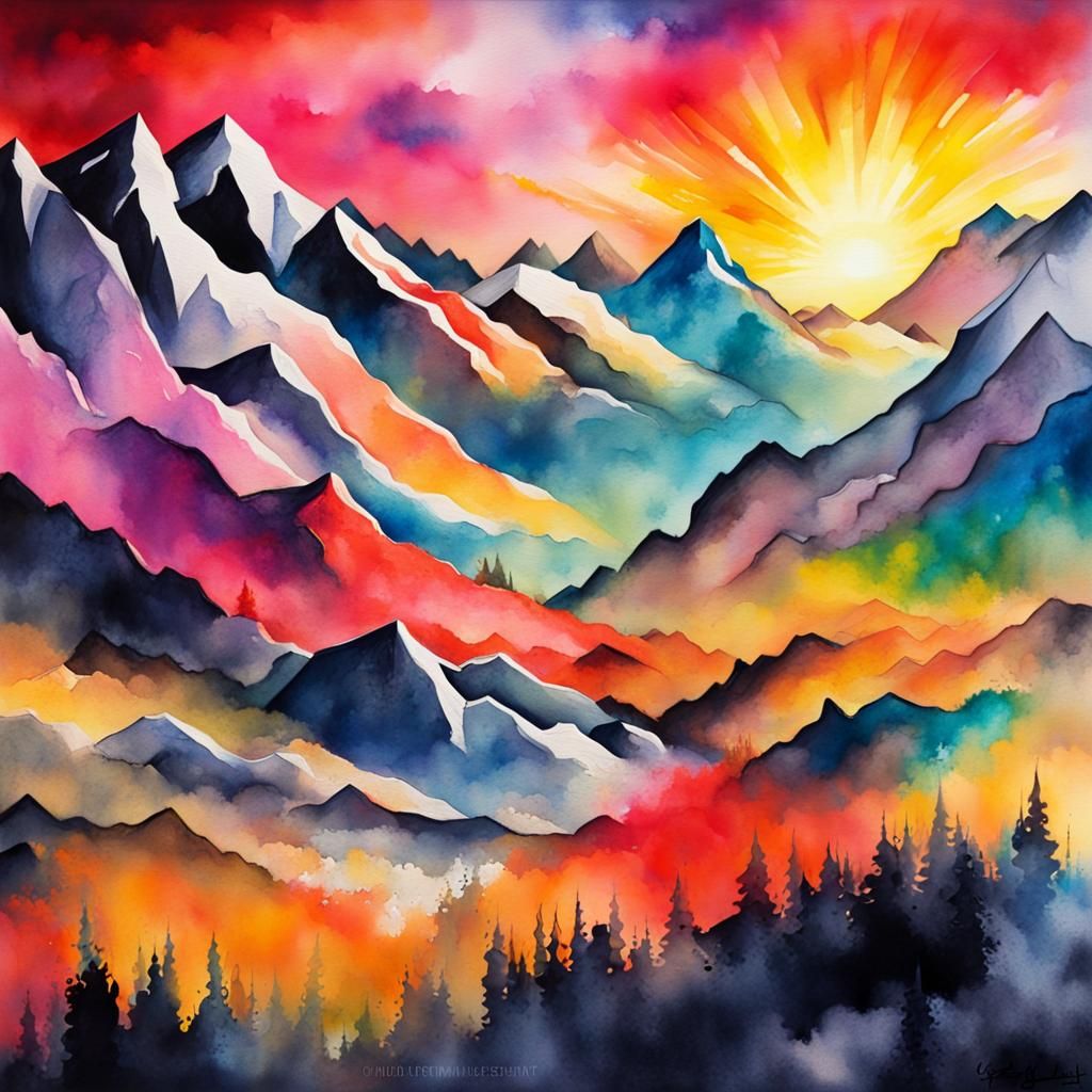 Abstract Watercolor Sunrise Graffiti Art