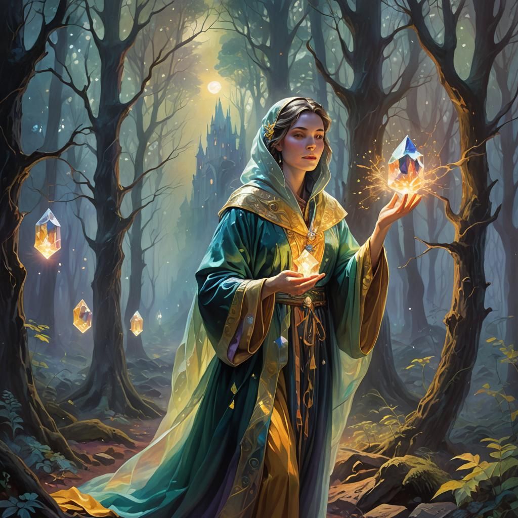 Mystical Woman in Forest: Vibrant Oil Painting