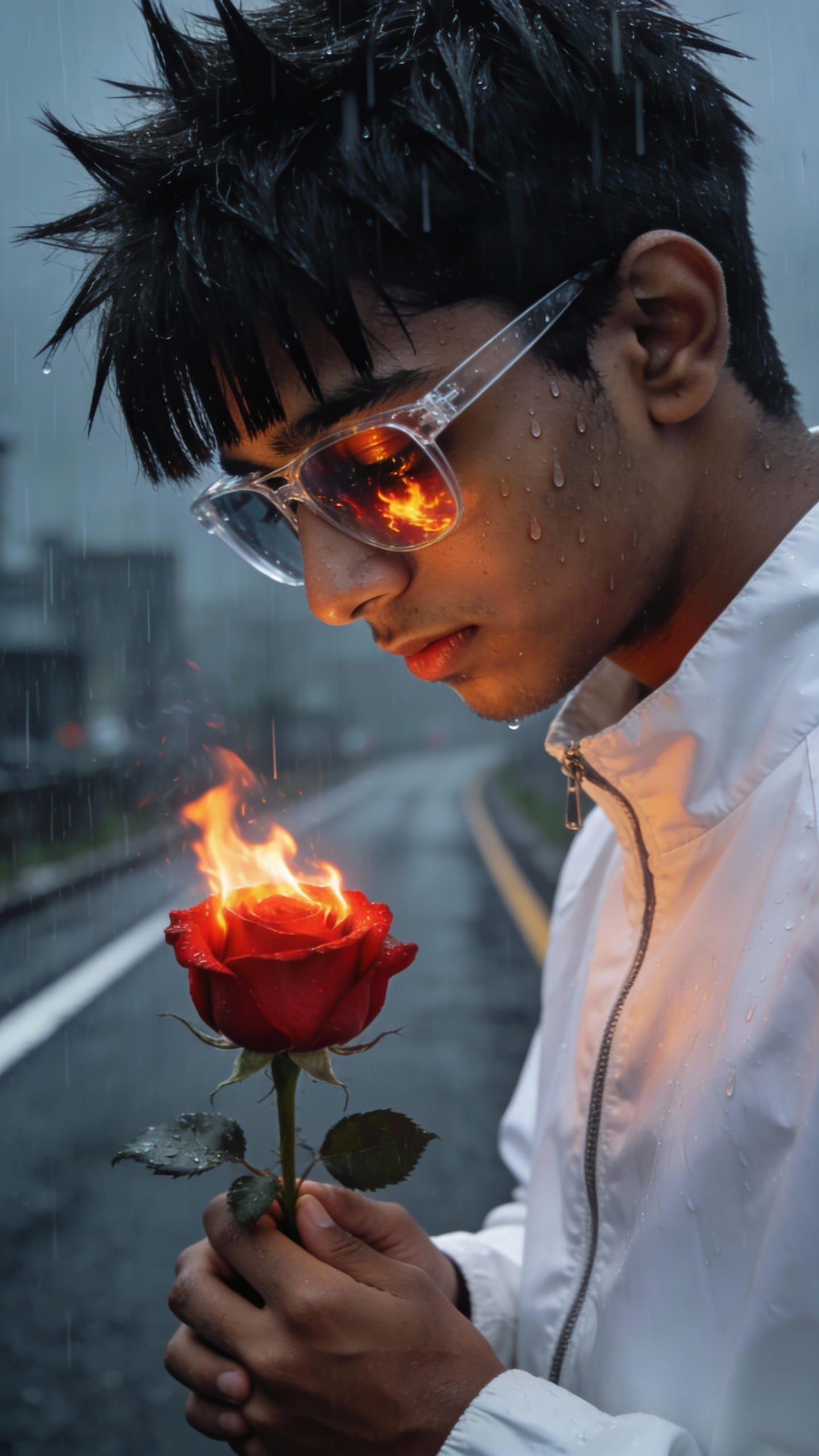 South Asian Boy in Rainy Cityscape with Fiery Rose