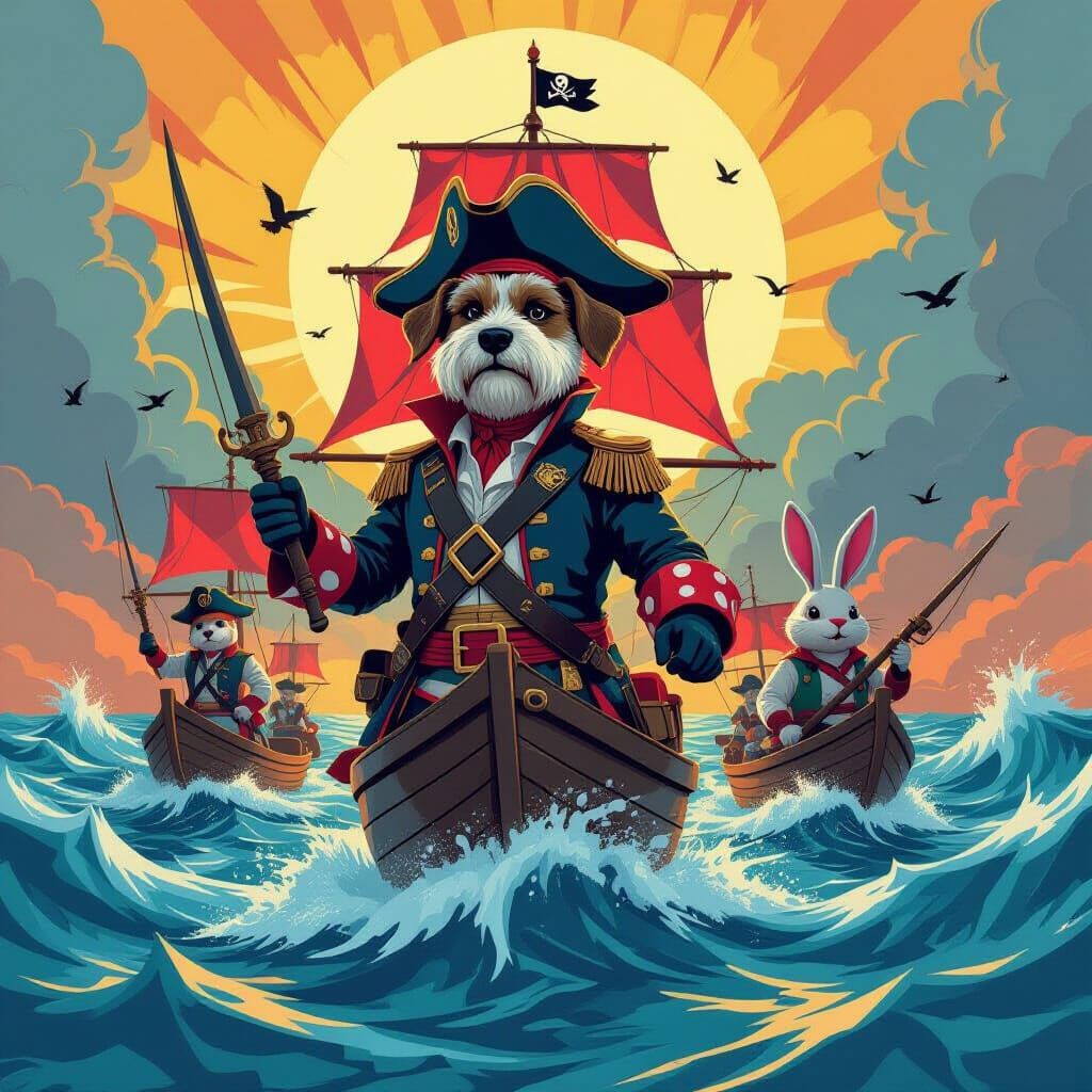 Cubist Pirate Captain Leads Crew Through Storm