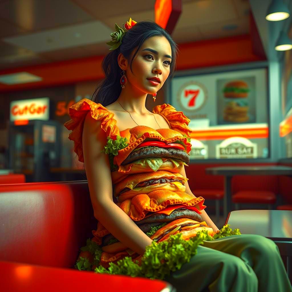 Woman in Burger Dress in Fast Food Restaurant