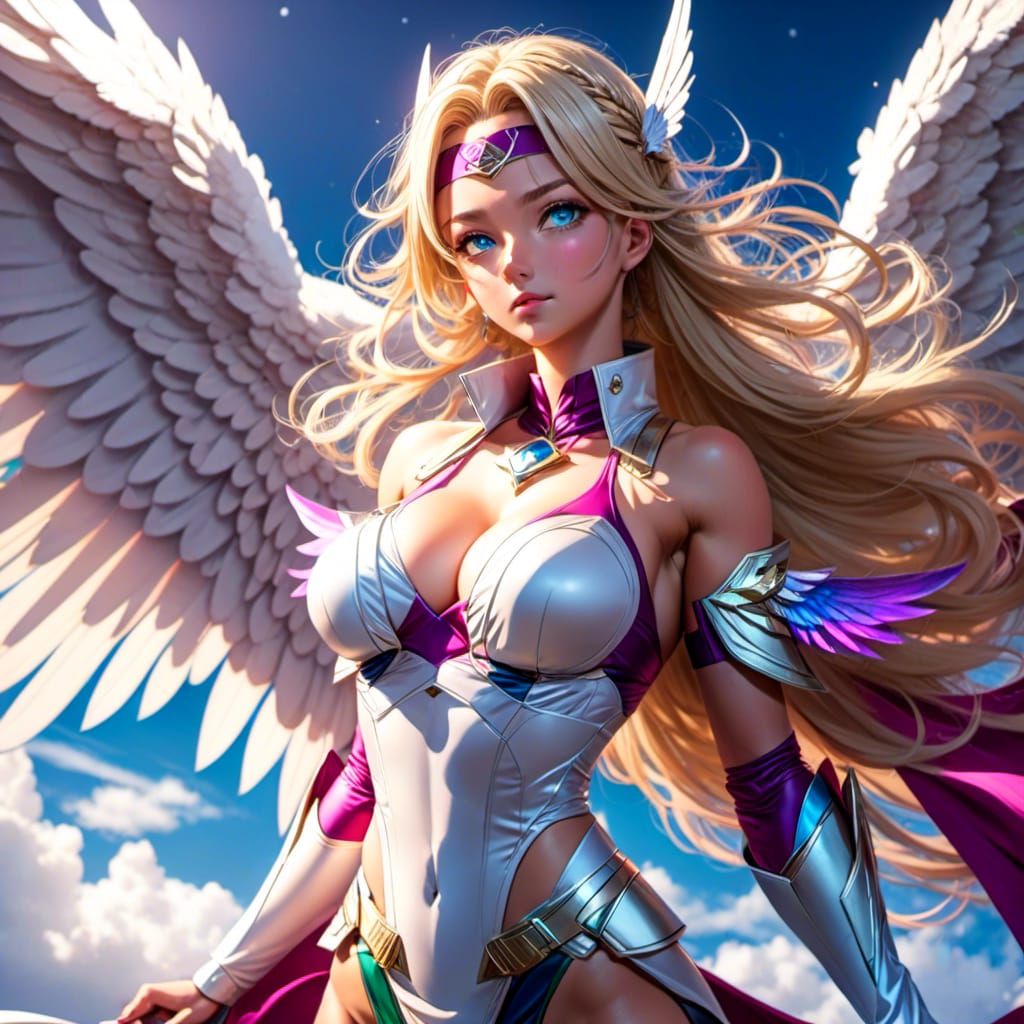 Angel with Blonde Hair and Wings in Night Sky