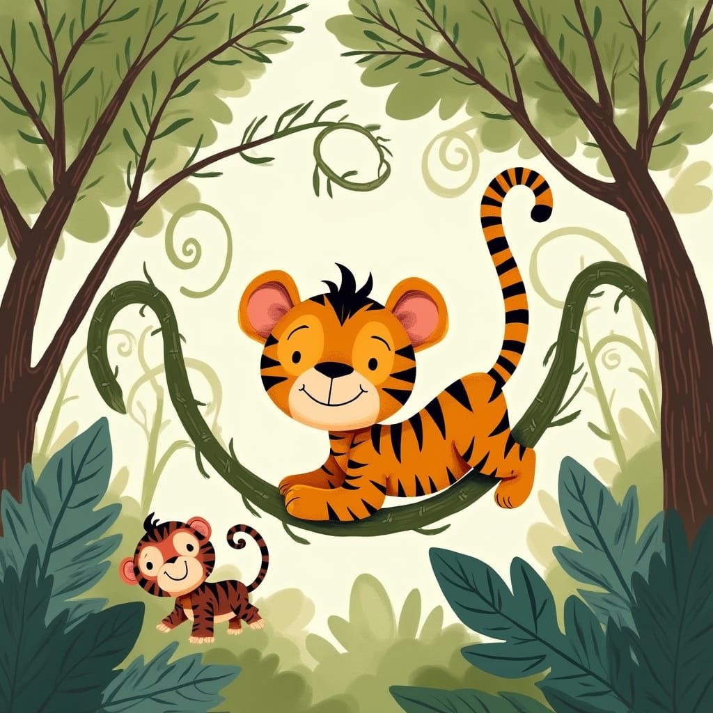 Whimsical Jungle Adventure with Doodle-Style Tiger and Frien...