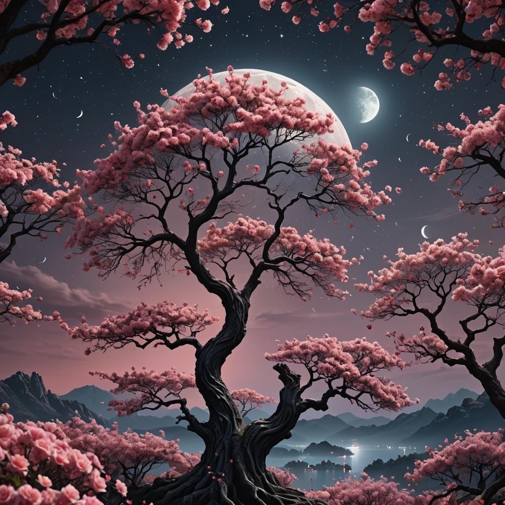 Moon Tree with Pink Blossoms, Tranquil Oriental Scene