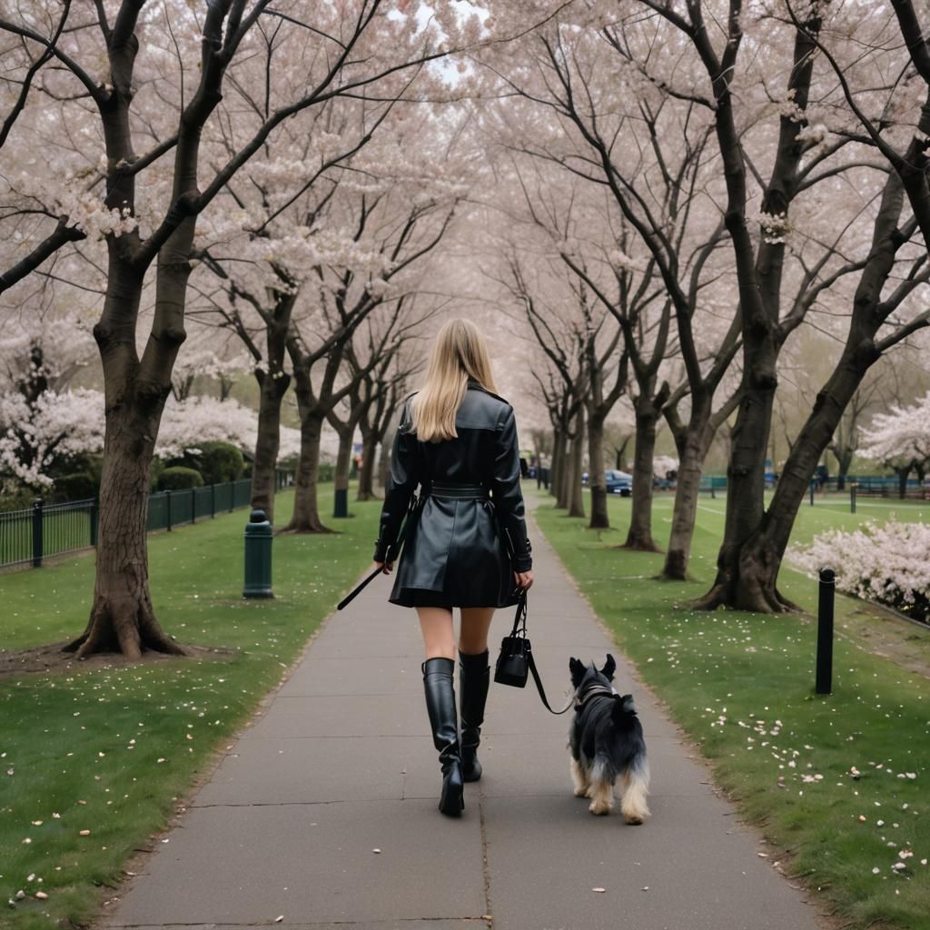 Girl and Schnauzer Walk Through Cherry Blossom Park