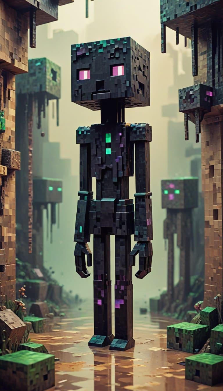 … (anamorphic MINECRAFT ENDERMAN) … (blocky MINECRAFT voxel fearsome) …